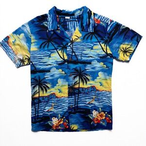 Palmwave Hawaii Shirt Mens Small Blue Tropical Sunset Surf Cotton Button Up